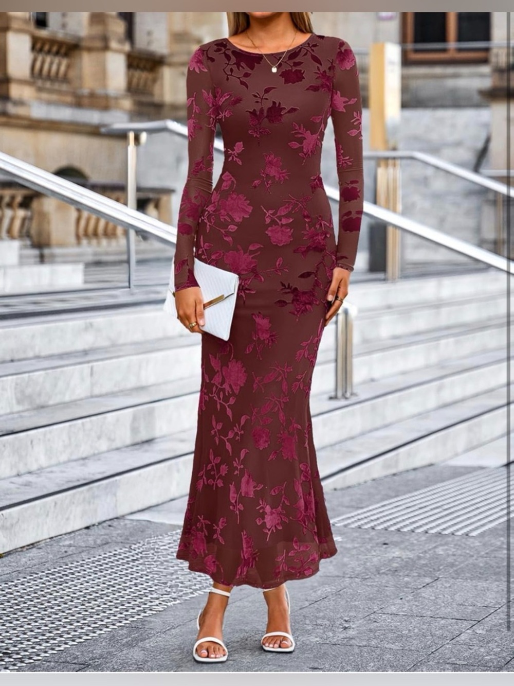 MEROKEETY 2026 Long Sleeve Bodycon Floral Mesh Fall Cocktail Formal Party Dress